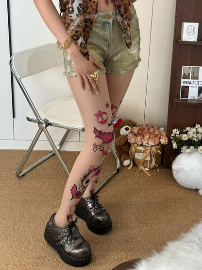 Nude Y2K Skeleton Bone And Heart Print Bittersweet Tights