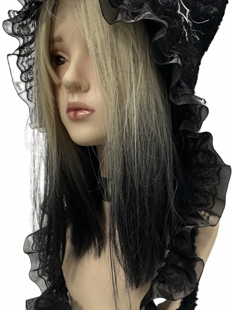 Y2K Black Cross Applique Lace Trim Punk Knit Hat