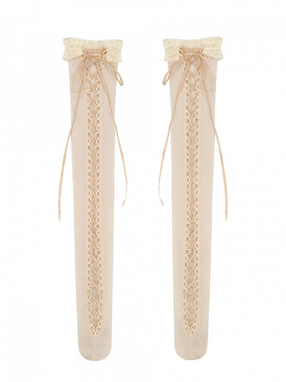Apricot Lace-up Detail Overknee Stockings