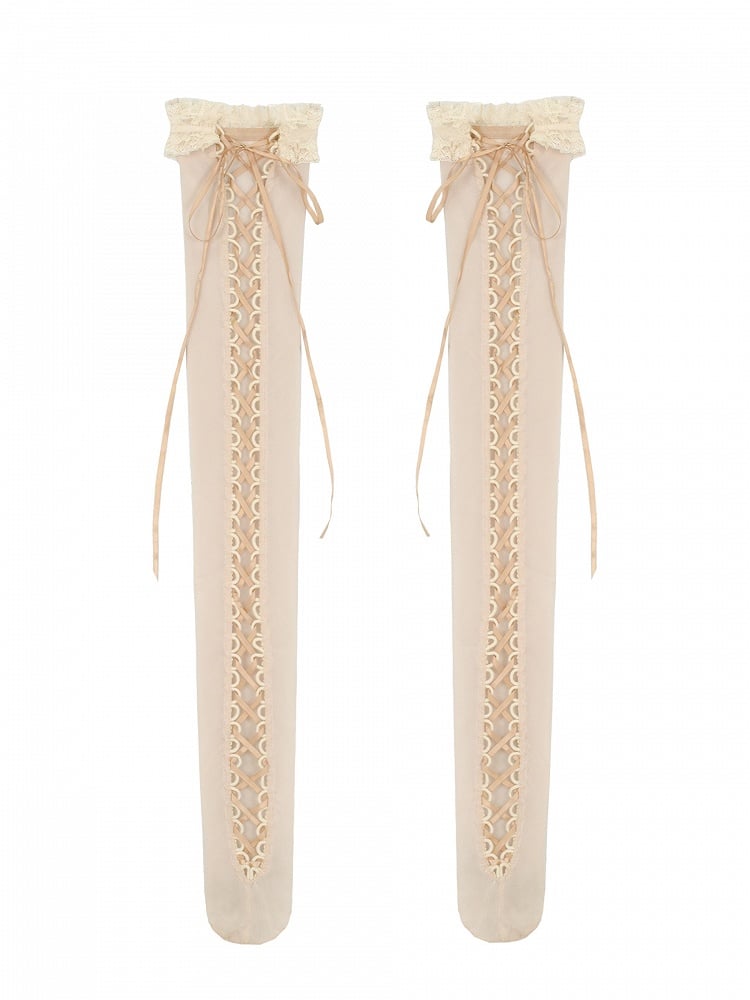 Apricot Lace-up Detail Overknee Stockings