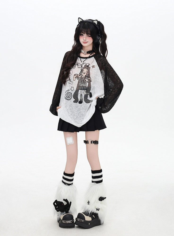 Cartoon Girl Print Black/Pink/Blue Colorblock Design Semi-sheer Coverup