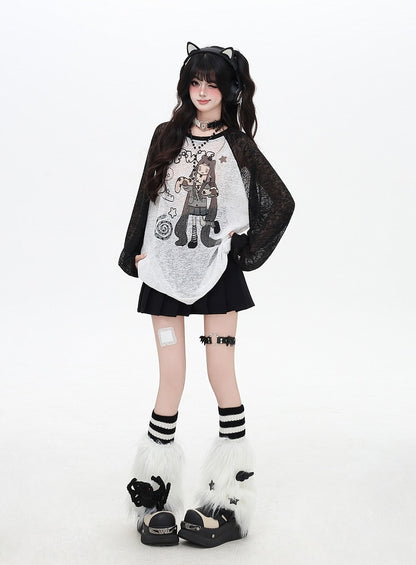 Cartoon Girl Print Black/Pink/Blue Colorblock Design Semi-sheer Coverup