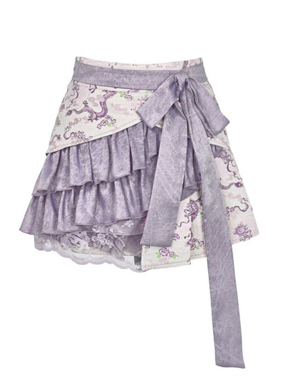 Clearance-Size S for Waist 65-69CM Purple Chinoiserie Dragon Print Fabric Skirt with Shorts Lining