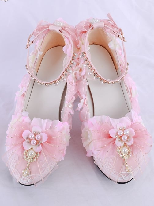 Pink Sakura Hime Lolita Shoes Bow Accents Beaded Detail Princess High Heels