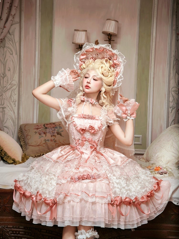 Pink Hanayome Lolita Hime Dress with Corset Waist and Rose Bow Accents Short Version