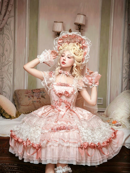 Pink Hanayome Lolita Hime Dress with Corset Waist and Rose Bow Accents Short Version