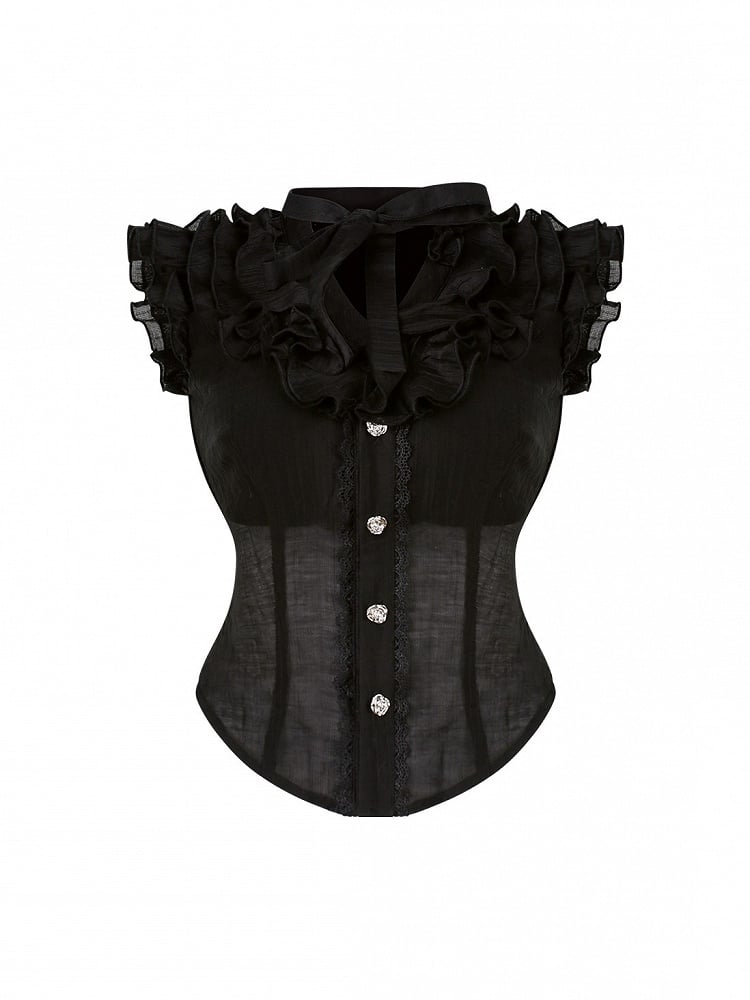 Black Semi-Sheer V-Neck Blouse with Tiered Flutter Sleeves