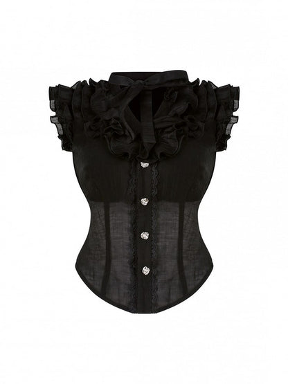 Black Semi-Sheer V-Neck Blouse with Tiered Flutter Sleeves
