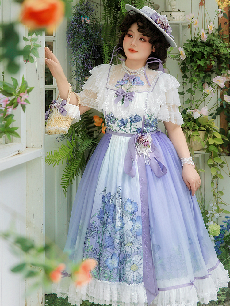 Plus Sizes Available Floral Applique Illusion Neckline Elegant Classic Lolita Floral Print Dress