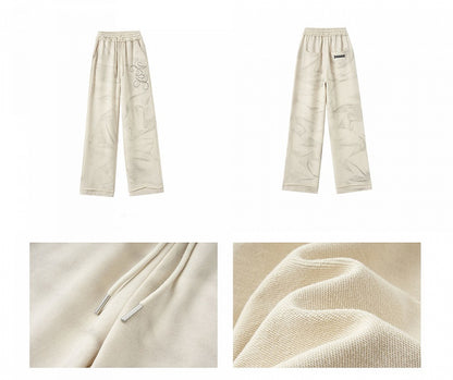 Wasteland Punk Beige Elastic Waist Unisex Distressed Pants