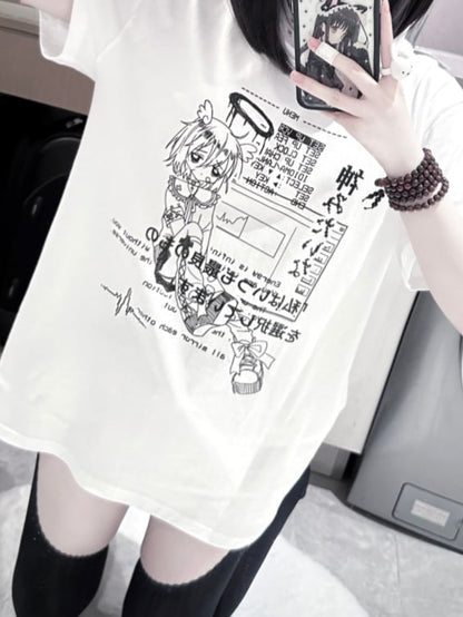 Jirai Kei Black/White Round Neck Cyberpunk Angel Print Cotton T-Shirt