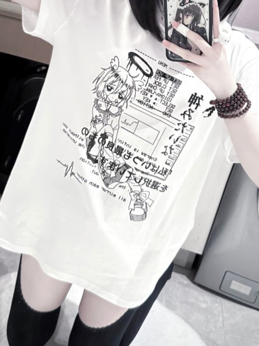 Jirai Kei Black/White Round Neck Cyberpunk Angel Print Cotton T-Shirt