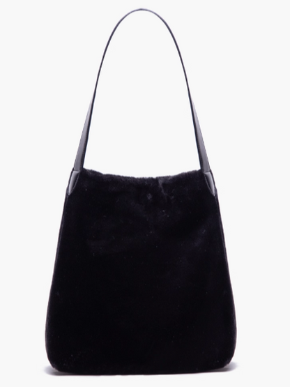 Luxurious Black Plush Shoulder Tote With Drawstring Closure