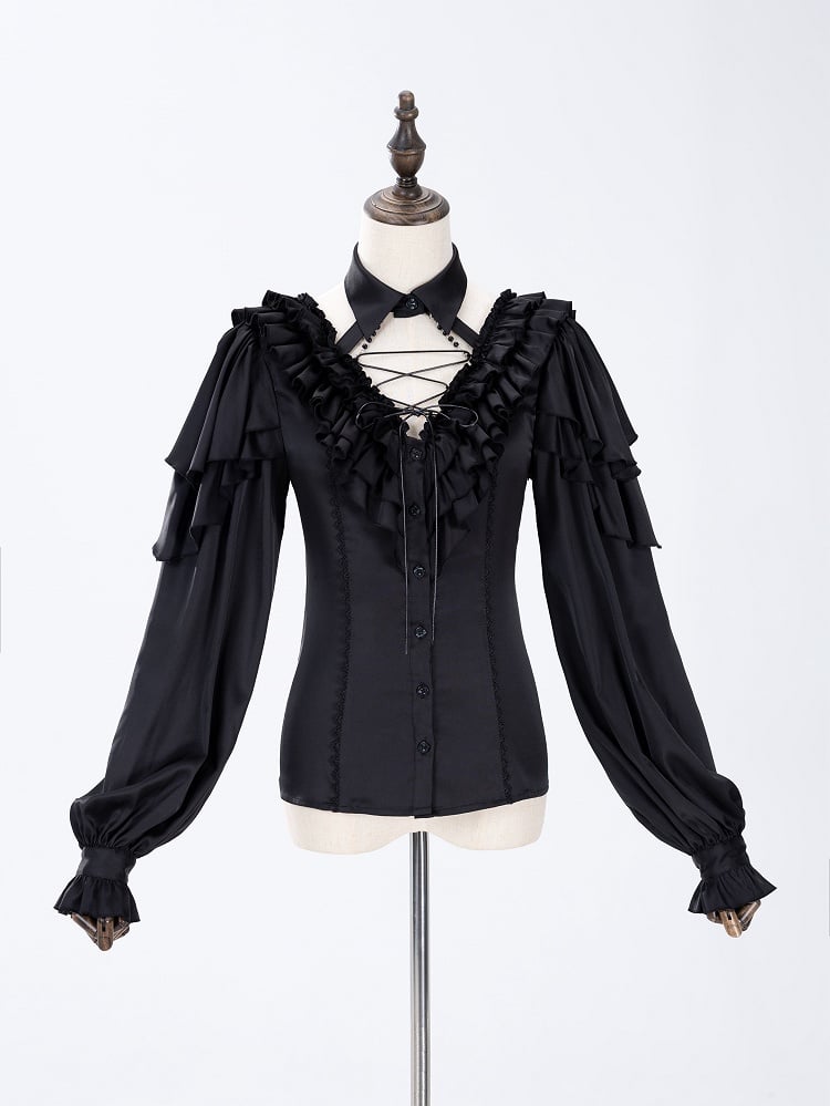 All Black Lace-up Ruffled V-neck Long Sleeves Backless Shirt