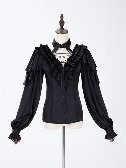 All Black Lace-up Ruffled V-neck Long Sleeves Backless Shirt