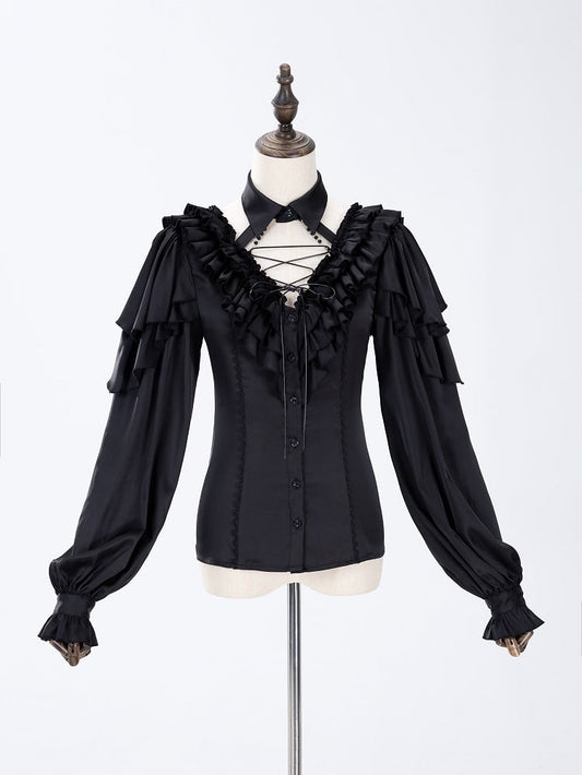 All Black Lace-up Ruffled V-neck Long Sleeves Backless Shirt