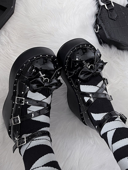 Demon Wings Punk Black Platforms Cross Details