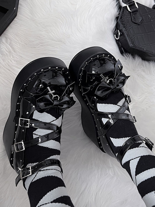 Demon Wings Punk Black Platforms Cross Details