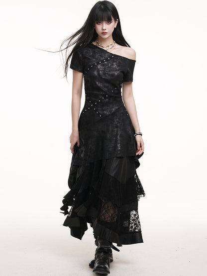 Black Asymmetrical Neckline Criss-cross Straps Cascading Ruffles Dress