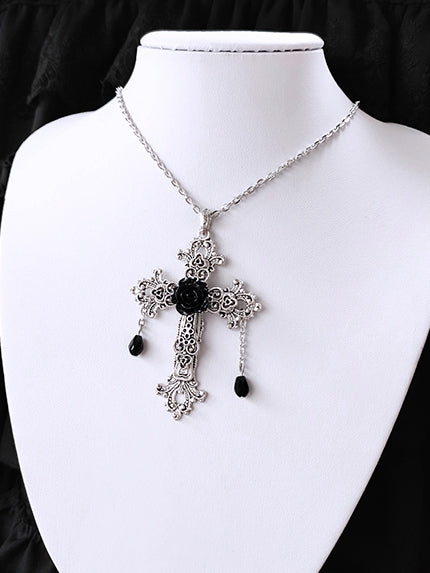 Gothic Rosette Design Silver Cross Necklace