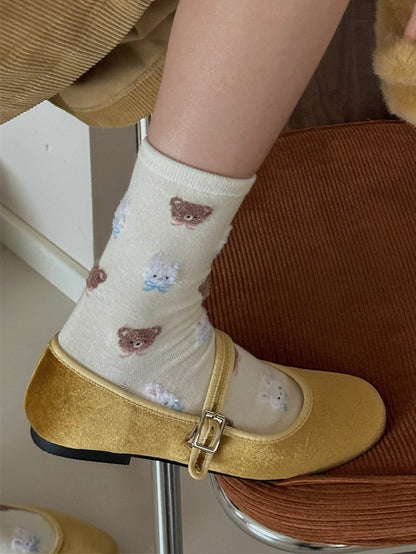 Milk White/Light Pink/Light Coffee/Black Sweet Bunny Bear Bowknot Calf Socks