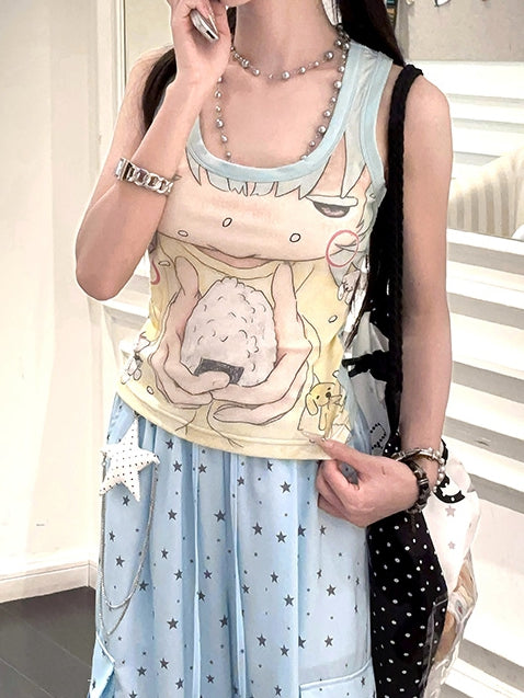 Anime Girl Print Mint Green Square Neckline Tank Top
