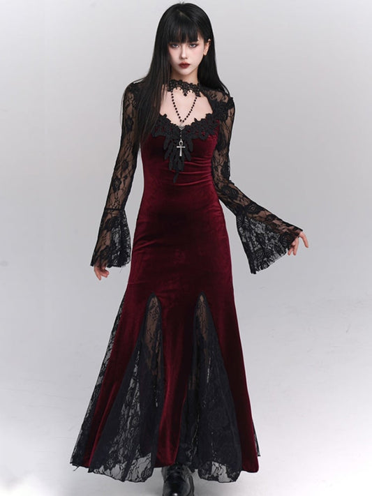 Black/Wine Red Gothic Lace Bell Sleeves Velvet  Mermaid Dress