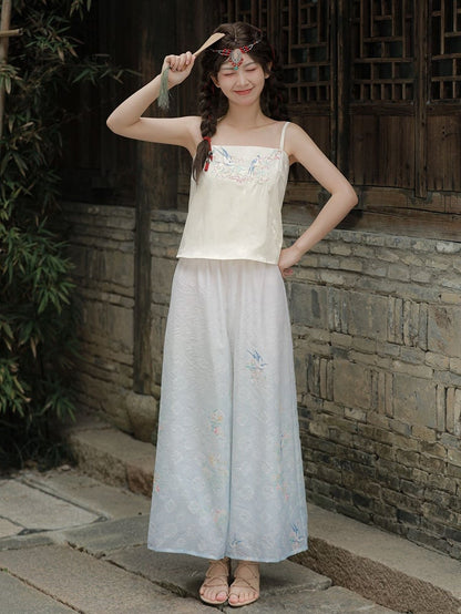 Floral and Bird Embroidery Apricot Cami Top