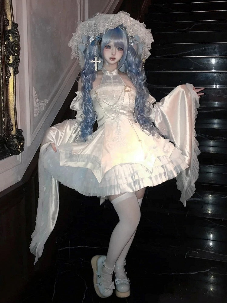 Blue and White Cross Illusion Halter Neck Witch Lolita Backless Dress Gothic JSK Halloween Outfit