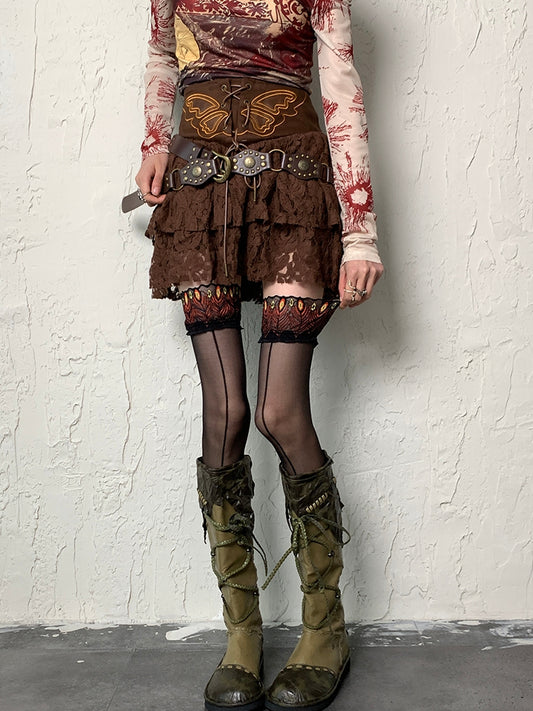 Black Y2K Peacock Feather Pattern Lace Trim Overknee Stockings