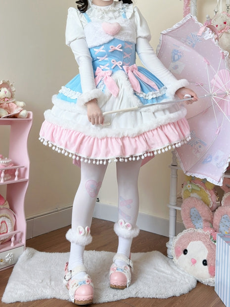 Plush Trimming Blue Sweet Lolita Dress for Autumn and Winter