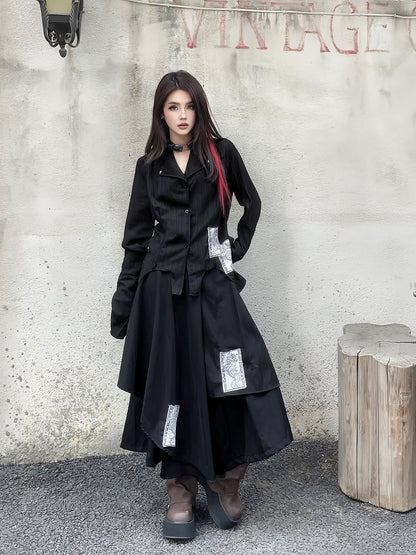 Black Punk Appliques Asymmetrical Layered Wide-Leg Pants