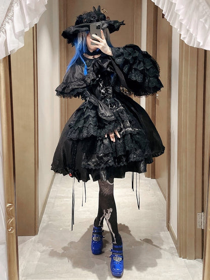 Black Gothic Layered Bell Sleeves Drawstring Skirt Kuro Lolita Dress + Cape