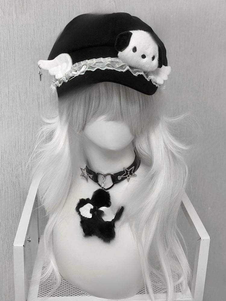 Black Lace Trim Wing Decorated Beret Hat With Plush Puppy