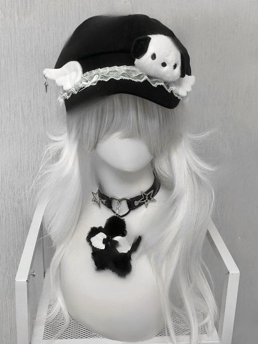 Black Lace Trim Wing Decorated Beret Hat With Plush Puppy