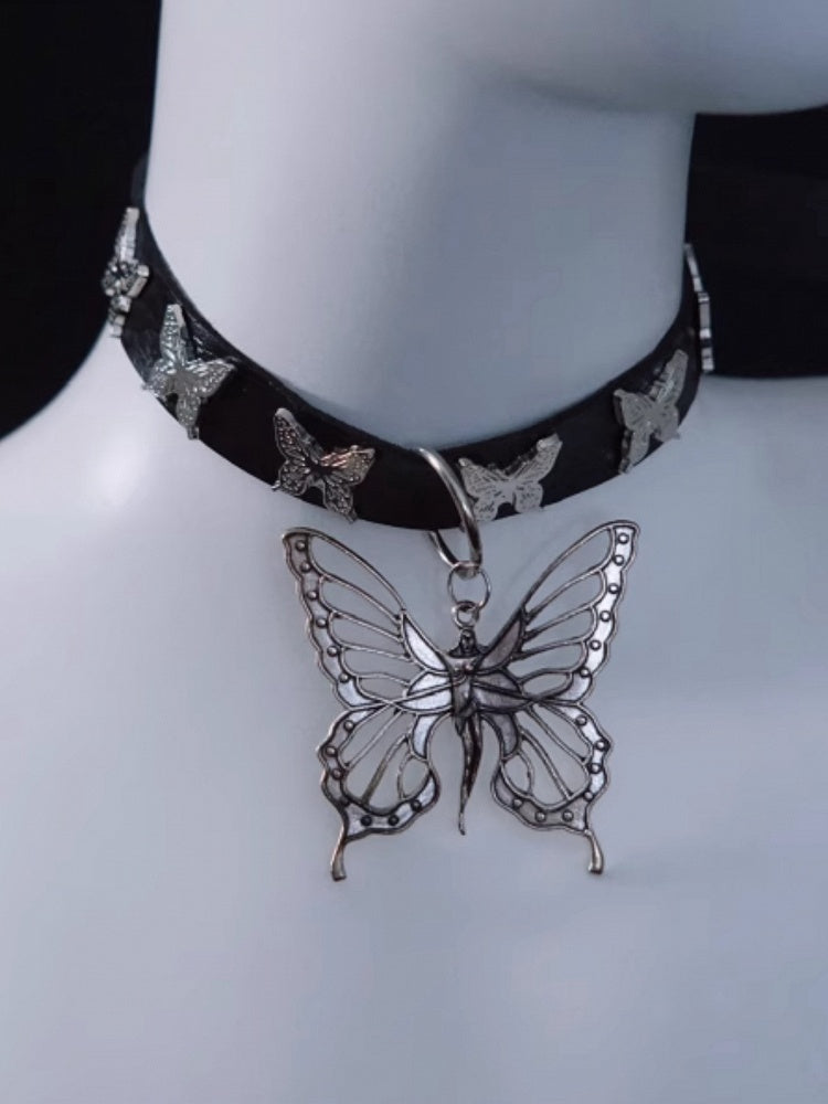 Handmade Metal Butterfly Pendant Gothic Black PU Choker