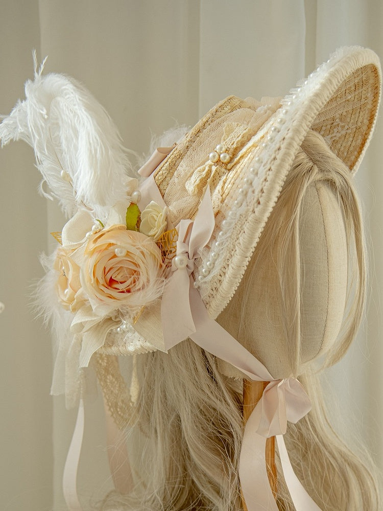 Beige Feather And Beaded Decorated Floral Design Straw Hat