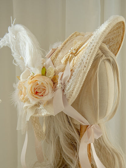 Beige Feather And Beaded Decorated Floral Design Straw Hat