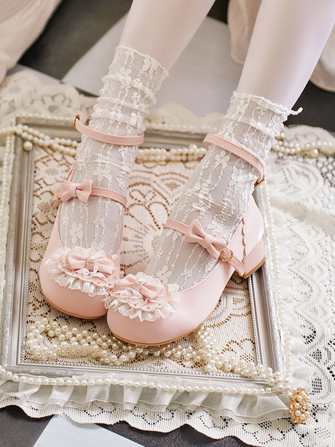 Baby Pink Bow at Top Lace Trim Heart Buckles Round Toe Lolita Shoes