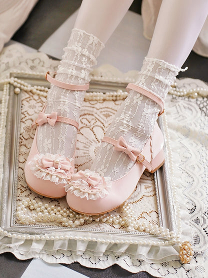 Baby Pink Bow at Top Lace Trim Heart Buckles Round Toe Lolita Shoes