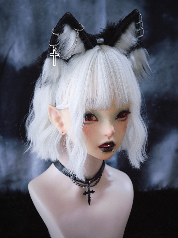 Cross Chains Decorated Black and White Gothic Kitty Ears KC