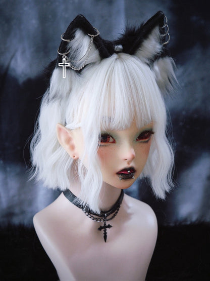 Cross Chains Decorated Black and White Gothic Kitty Ears KC