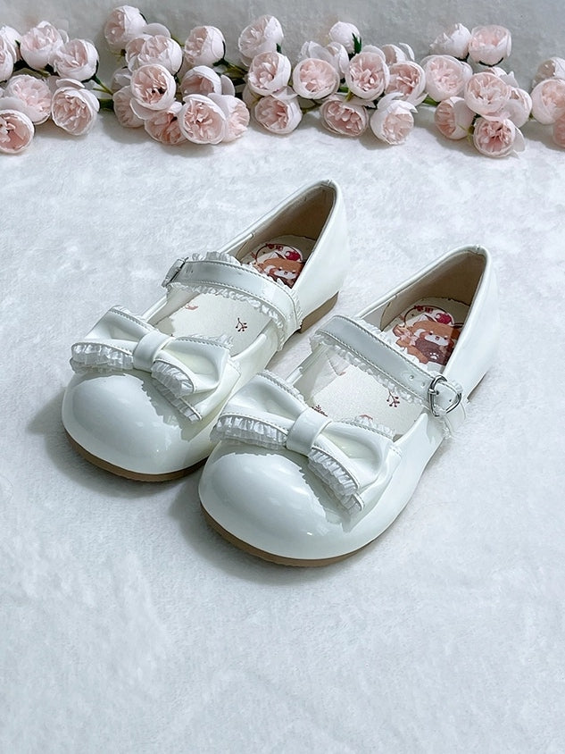 Ruffles Trim, Heart Buckle & Charming Bow Decor White Low-heel Mary Jane Shoes in Sweet Lolita