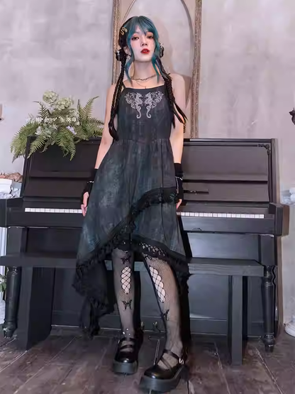 Seahorse and Coral Embroidery Asymmetrical Tassel Hem Black Cheongsam Style Cami Dress