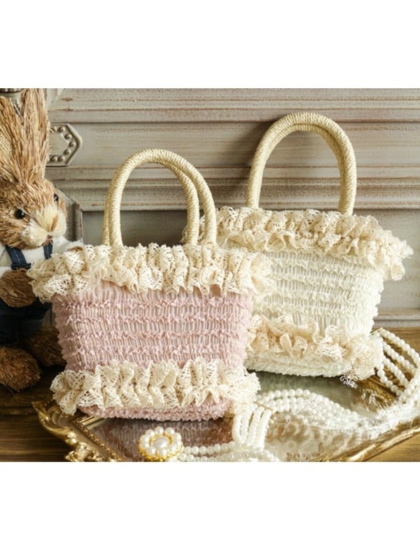 Beige/Pink Ruffled Lace-Trimmed Rural Woven Handbag