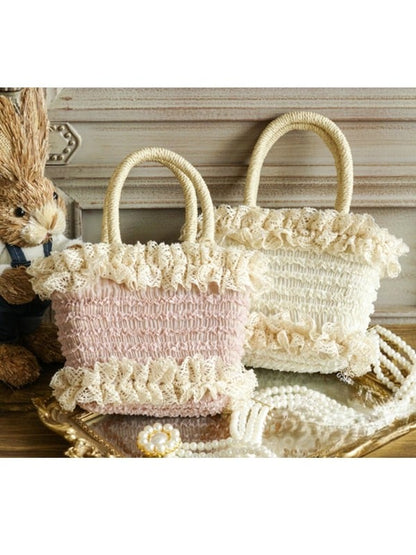 Beige/Pink Ruffled Lace-Trimmed Rural Woven Handbag