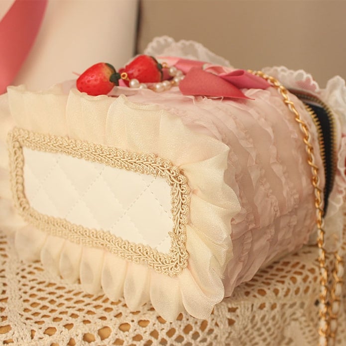 Strawberry Beaded Charm Bowknot Details Lace Trim Bag