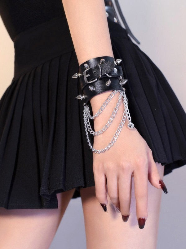 Gothic Black Studs Cyberpunk PU Wristband Bracelet with Chains