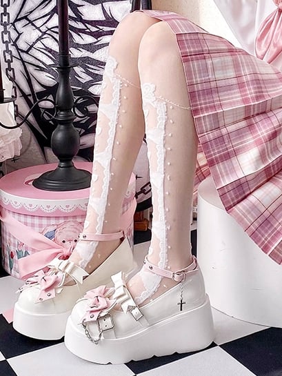Punk Crosses and Chains White Bow Accents Platforms Buckle Ankle Strap