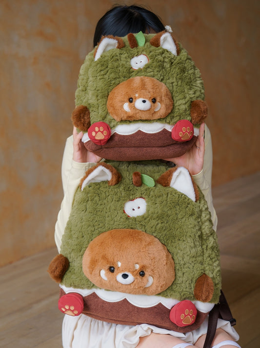 Brown&Green Apple Design Cute Plush Red Panda Backpack Middle/Large Size